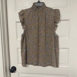 Banana Republic Mustard Floral Smocked Neck Ruffle Sleeve Blouse